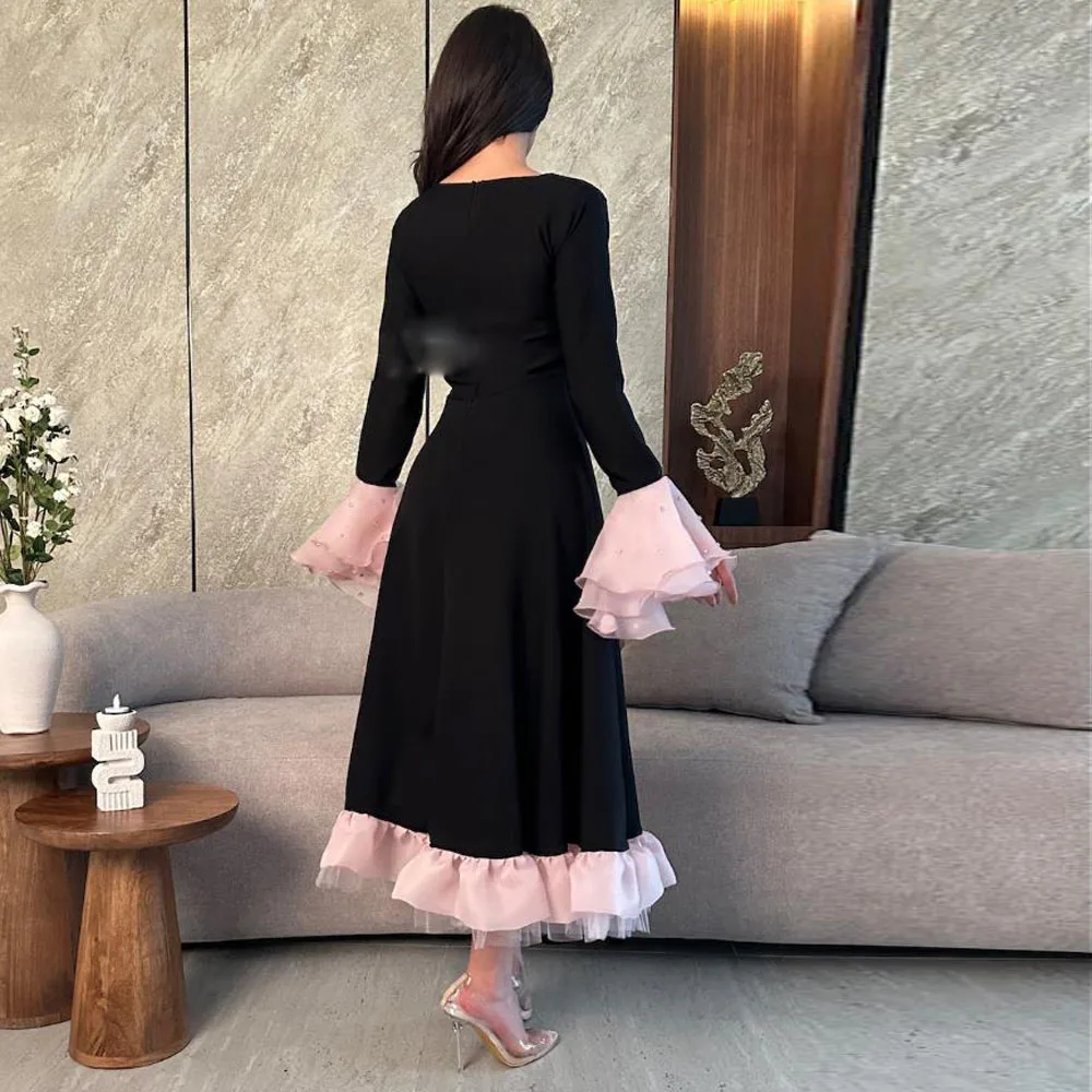 Customized Black Dresses with Pink Trim O Neck Flare Sleeve Formal Prom Dress Ruffles Hem Ankle Length Formal Maxi Dresses