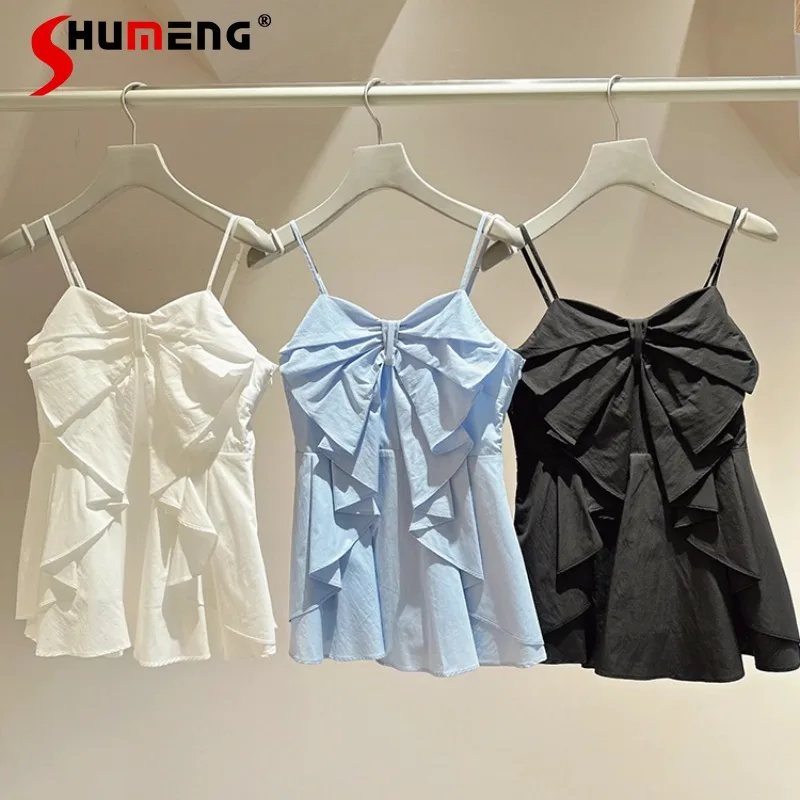 2024 Spring Summer New Kawaii Cute Slings Women's Clothing Sweet Lotus Leaf Bow Suspenders Vest Top Camisoles 3 Colors To Choose