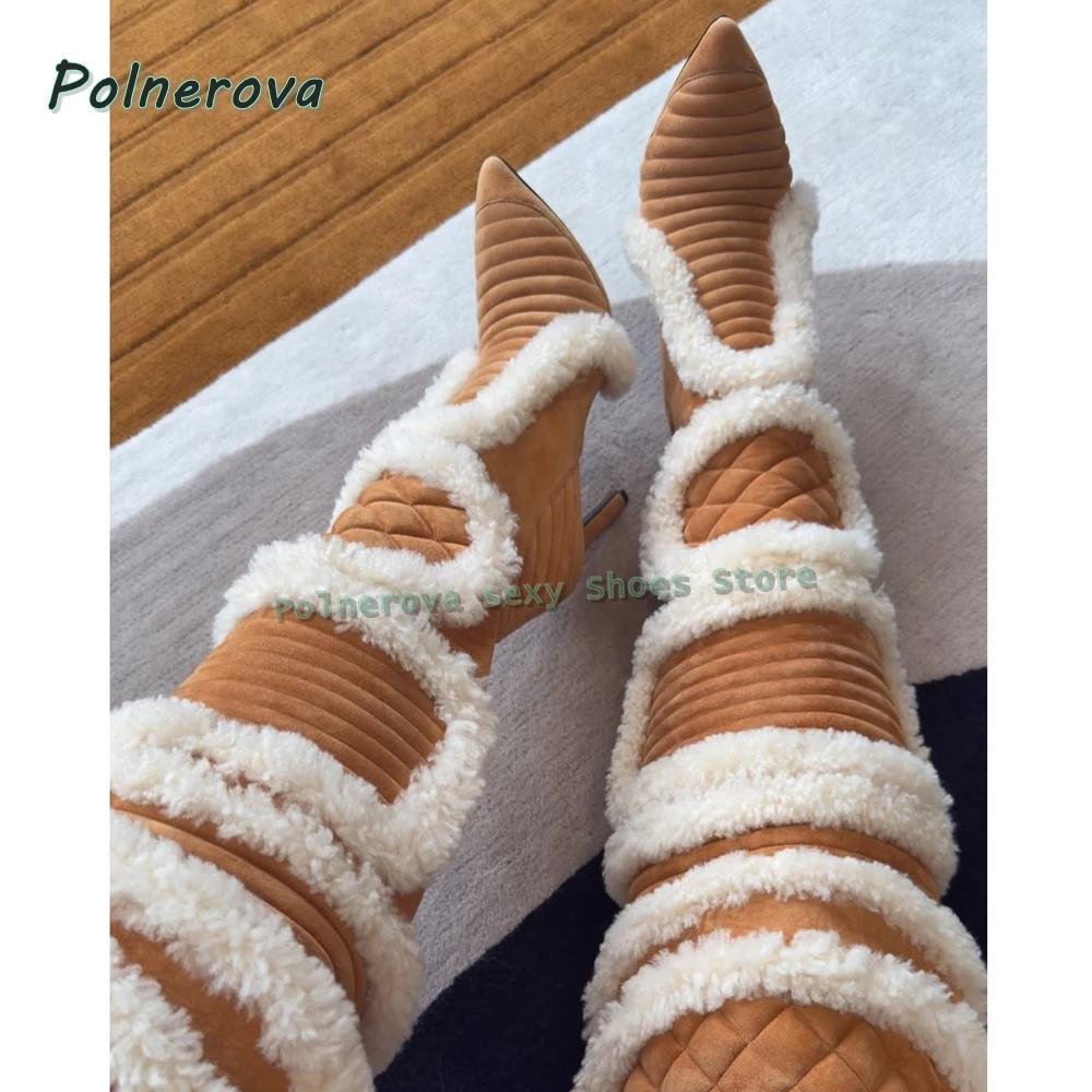 البني فو الفراء مثير حذاء برقبة للركبة 2025 الخريف الشتاء الوافدين الجدد أشار تو خنجر المرقعة حار فتاة أحذية أنيقة