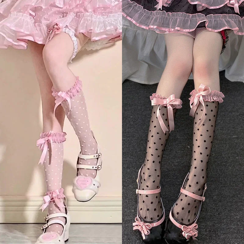 Kawaii Lolita Lace Black and White Fishnet Socks Female Japanese Pink Bow Personality Dot Print Knee-length Socks Cute Sexy 2022