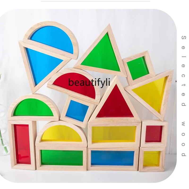 Large block wooden building block translucent acrylic rainbow building block educational toys for infants and children