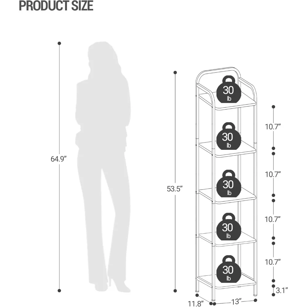 Narrow Book Shelf, Industrial Corner Shelf Storage Organizer, Slim Shelving Unit for Home Office, Living Room5-Tier, Bookcases