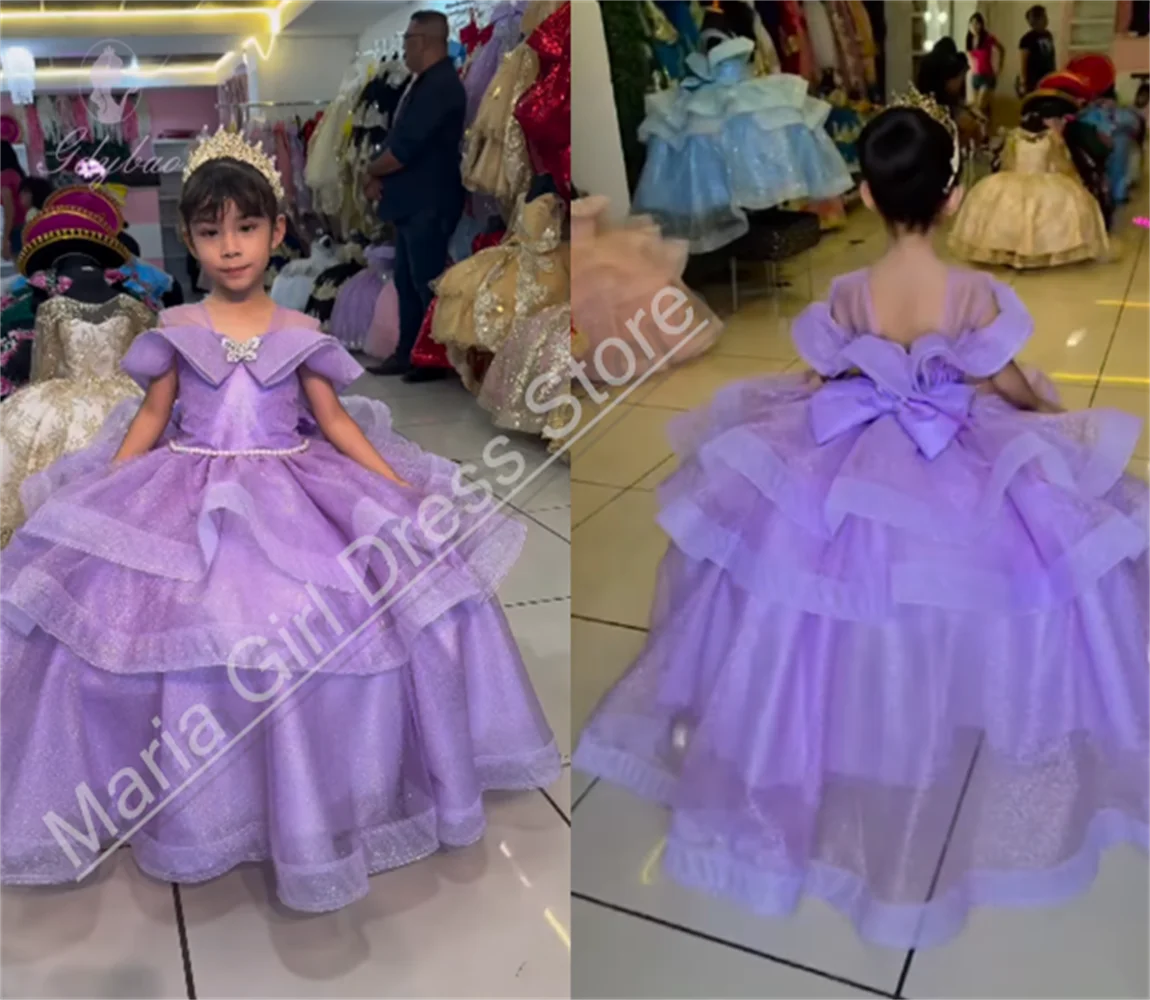 

Fluffy Flower Girl Dress Ruffle V-Nneck Tiered Bow First Wedding Bridesmaid Sacrament Princess Birthday Party Dress