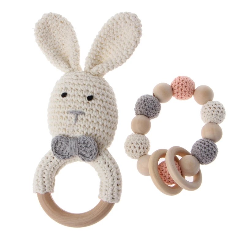 2Pcs/Set Baby Wooden Teether Bracelet Crochet Bunny Teething Ring Chewing Toy