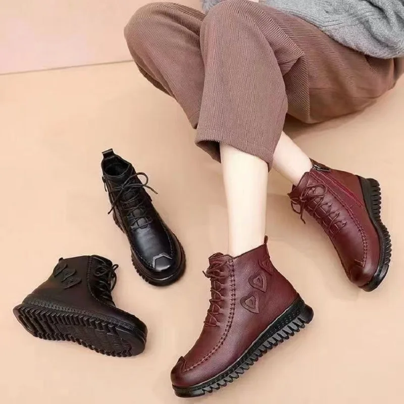 Female PU leather boots waterproof snow plush shoes black wine red  ankle boots women daily short boats  buty damskie