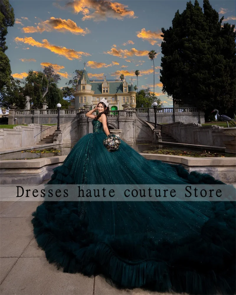 

Изумрудно-зеленый тюль по индивидуальному заказу с бантом, платья Quinceanera, бальное платье, 2025 хрустальные аппликации, милое платье 16, корсет, вечерние платья
