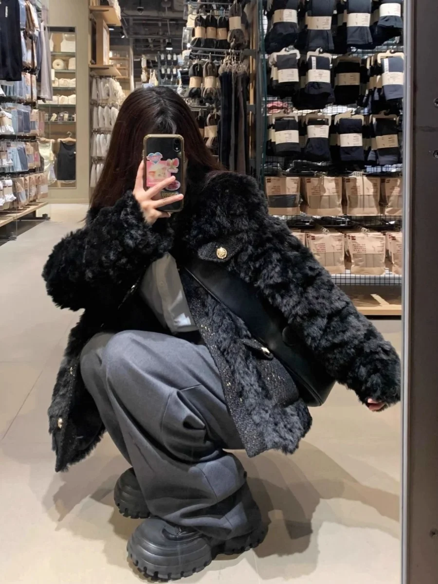 

Женская зимняя куртка из овечьего меха, свободный крой из хлопка с межкой подкладкой, модный корейский круглый топ Ne Top