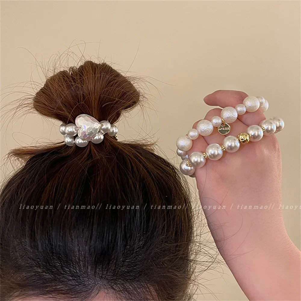 White Love Hair Rope Women Imitation Pearl Rubber Bands Hair Fashion Women Girl Ponytail Headweare Bracelet Hair Accessories