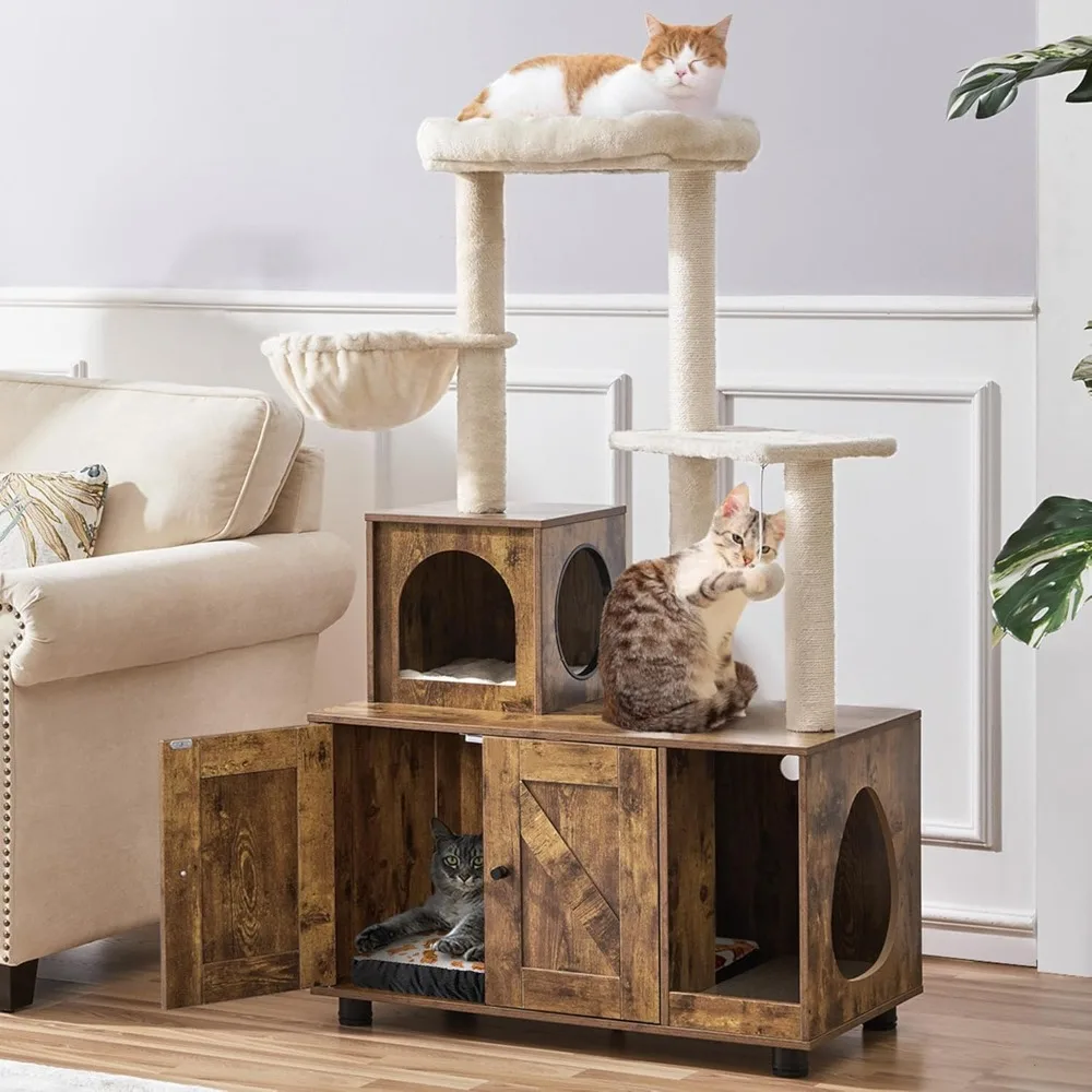 

Cat Tree, 53in Cat Tower with Wood Litter Box Enclosure, 2-in-1 Cat Tree with Condo, Scratching Posts