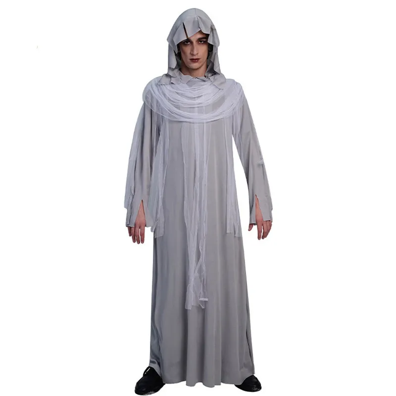 Grey Men Halloween Hell Devil Ghost Death Costumes Adult Demon Scary Cosplay Carnival Purim Nightclub Bar Role Play Party Dress