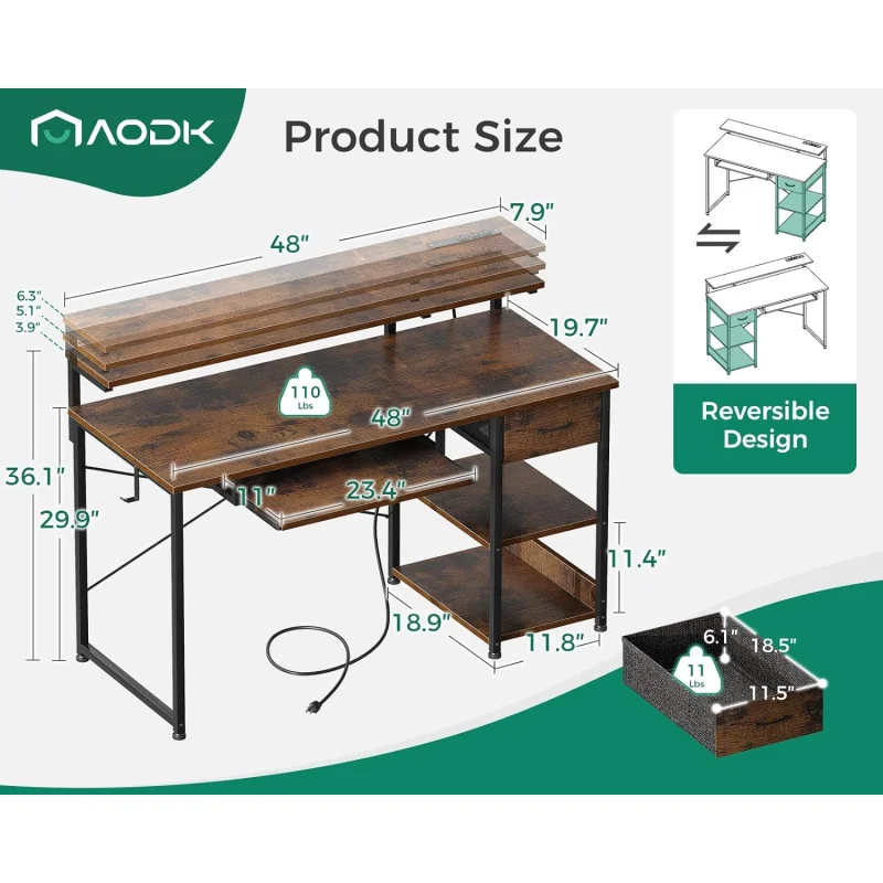 AODK-bandeja para teclado de ordenador, toma de corriente de 48 pulgadas de oficina, cajón de trabajo, escritorio Reversible con ajuste