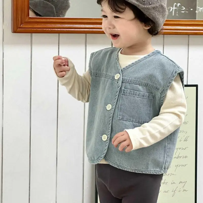 

2025 Autumn New Children Sleeveless Denim Vest Solid Boys Girls Casual Vest Baby Denim Cardigan Jacket Fashion Kids Clothes