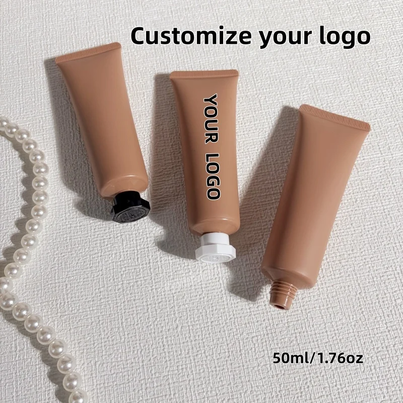【Logo Custom】50Pcs Customized 50ml Brown Slender  Squeeze Tubes Cosmetic Packaging Soft Hand with Octagonal Lid