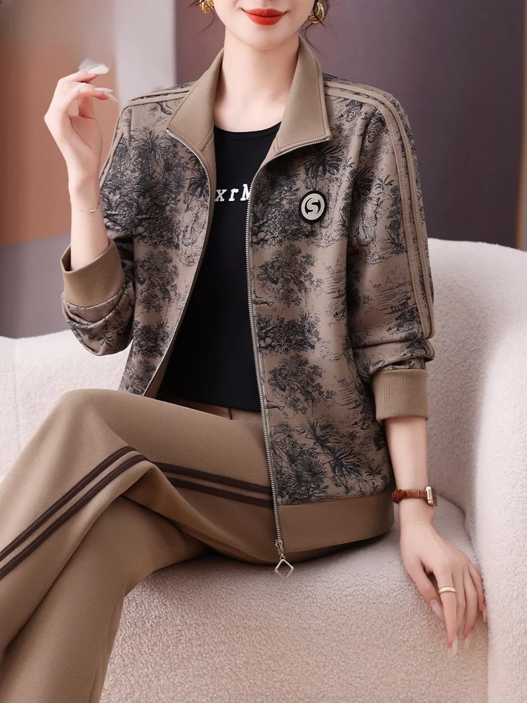 

Casual Sportswear Set for Women over 50 Tee-piece Spring Outfit Mom Clothes Long Pants Zipper Closure Polyester Fiber
