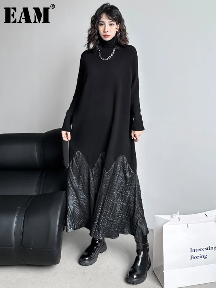 

[EAM] Women Black Knitting Pleated Big Size Long Dress New Turtleneck Long Sleeve Fashion Tide Spring Autumn 2024 1DH1599