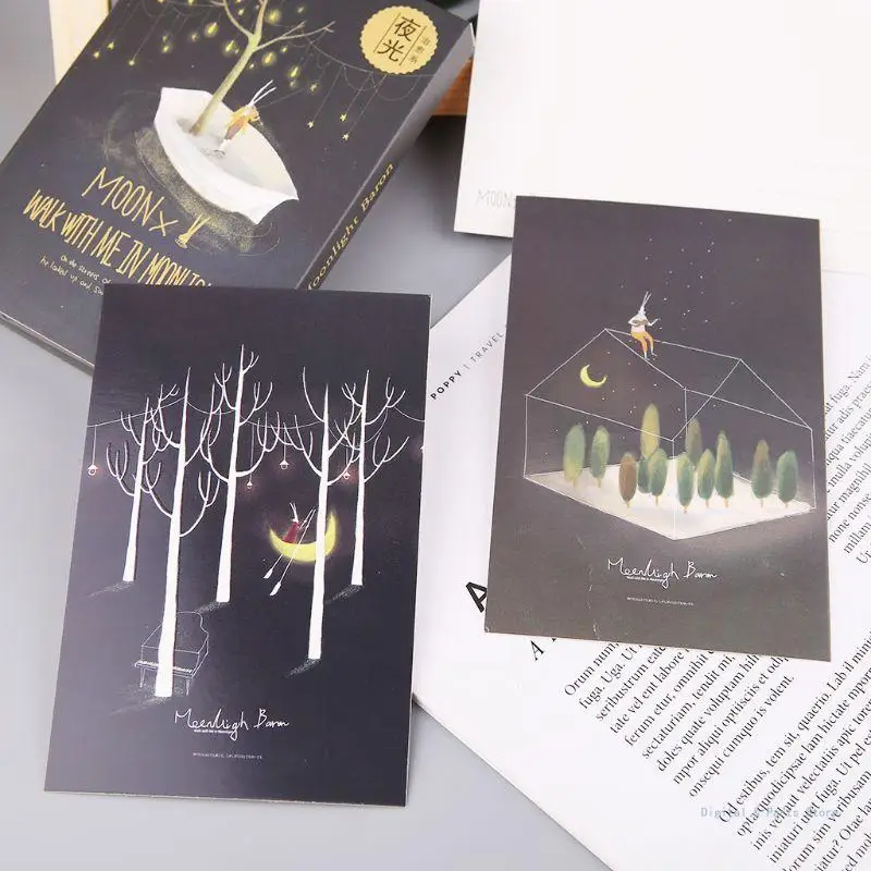 

M17F 30pcs Vintage Luminous Postcard Glow In The Dark Moon Light Greeting Post Card