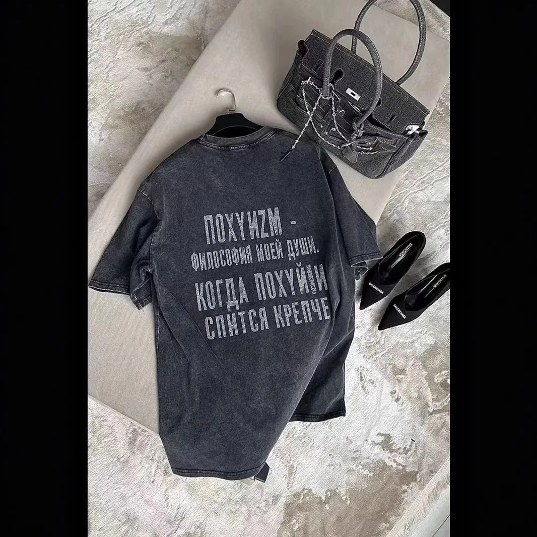 

Women's Trendy Streetwear T Shirt Summer American Vintage Washed Black 100% Cotton Rhinestone Print Oversized Tee