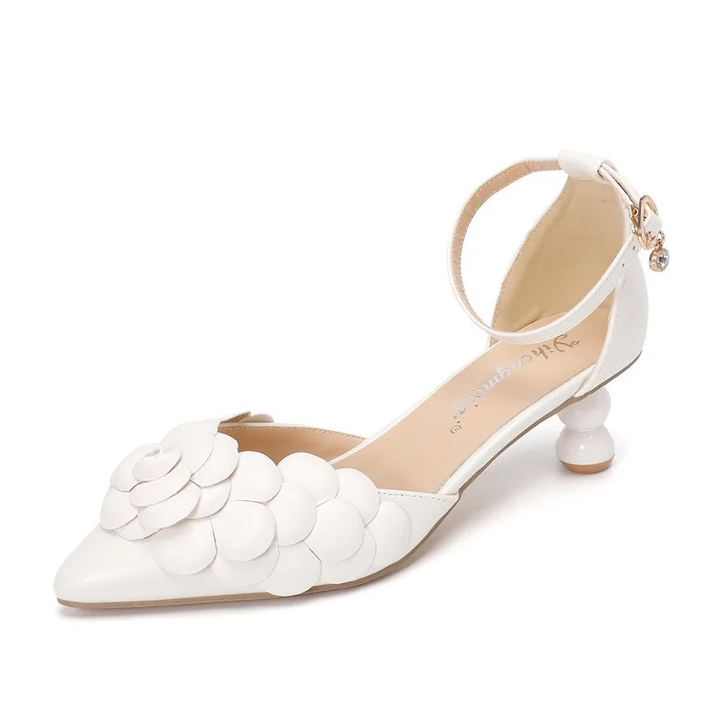 

Summer Women's French Flower Closed Toe Solid Color Large Size Pointed High Heel Sandals Temperament Party Evening Catwalk Shoes