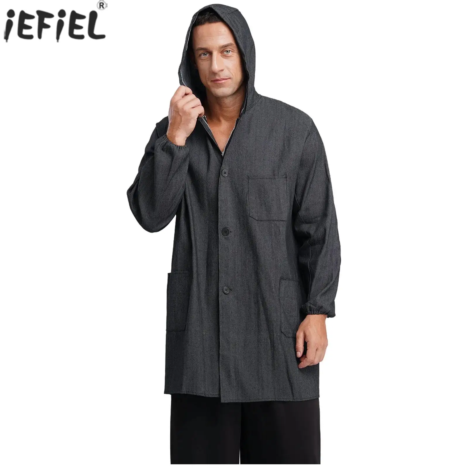 

Men Wear-resistant Hooded Denim Workwear Jackets Long Sleeve Front Button-up Pockets Lab Coat Jackets for Workshop Spray Paint