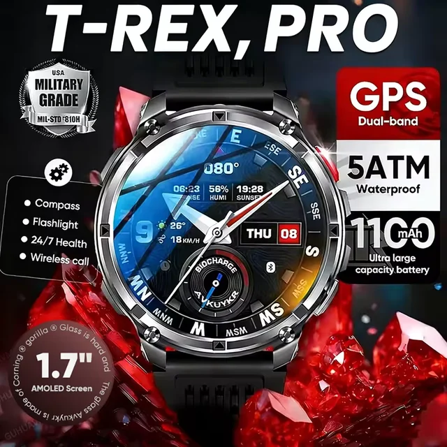 Nouvelle montre connectée T-Rex3 Pro 2026 avec batterie 1100 mAh, GPS, suivi d'activités sportives, étanchéité 5 ATM, boussole, pour activités de plein air et militaires 1