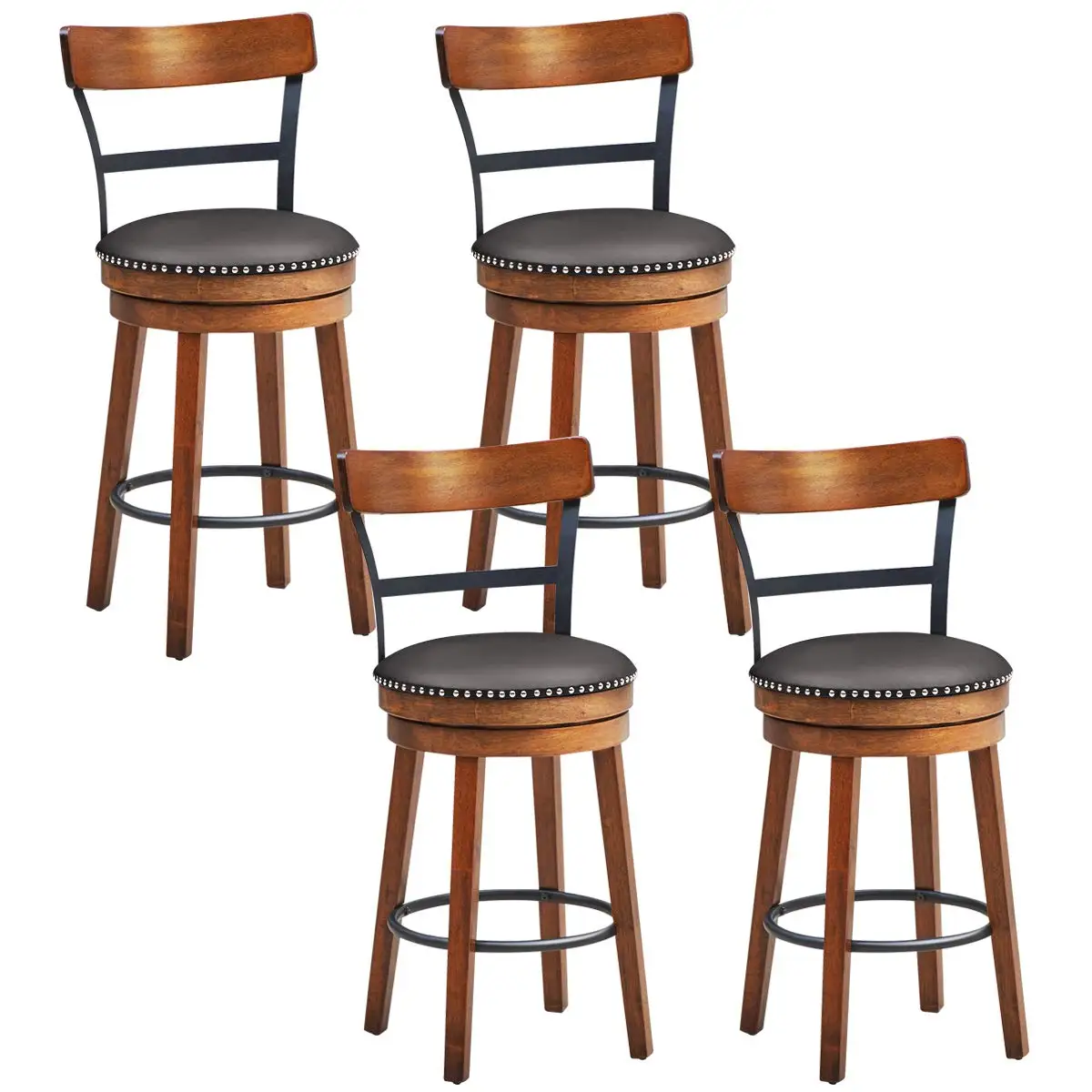 

Bar Stools Set of 4, 360-Degree Swivel Stools with Leather Padded Seat, Single Slat Ladder Back & Solid Rubber Wood, Customized