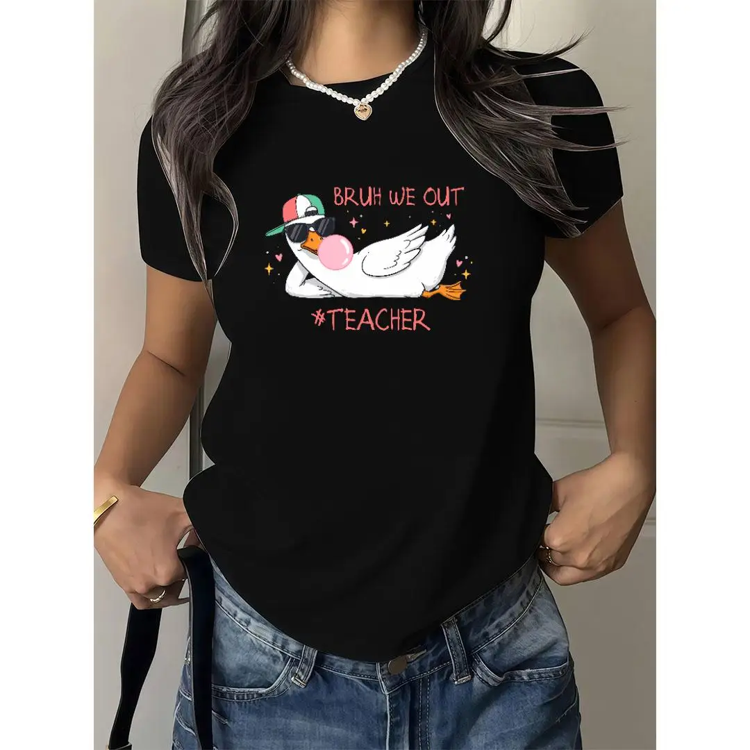 

Women's Funny Teacher T-shirt "Bruh We Out" Duck Print Short Sleeve Loose Casual Summer Top Cute Cartoon School Gift