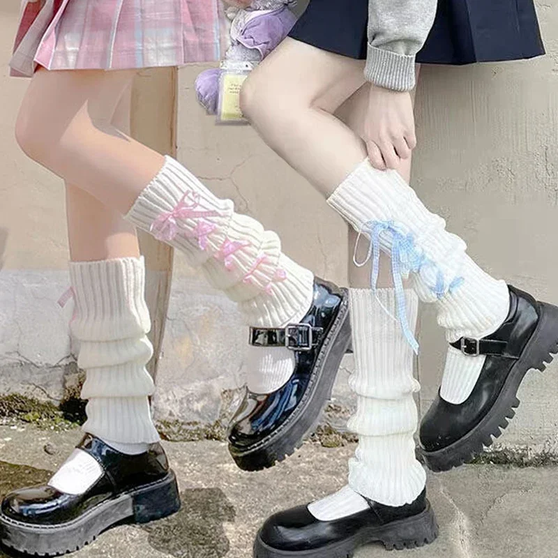 JK Candy Color Bow Leggings Women Girls Gothic Plaid Ribbon Strap Long Socks Lolita Knitted Cuffs Ankle Leg Warmer Stockings