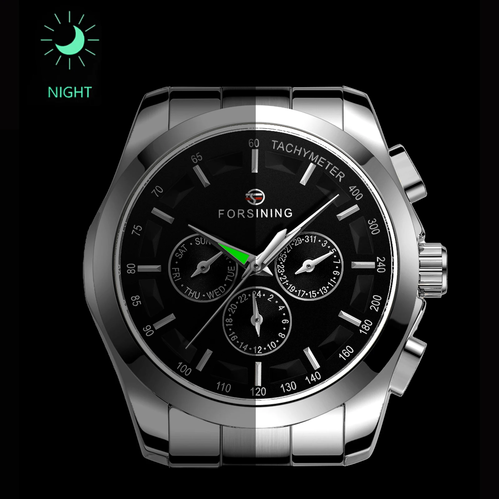 Forsining Sports Mens Watch Multifunction Automatic Mechanical Watches Luminous Hands Stainless Steel Band Military Wristwatch