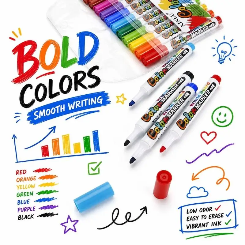 12 Color Whiteboard Markers Pen Fine Tip Dry Erase Marker Pen for Kids Graffiti Writing Drawing Office School Calendar Boards