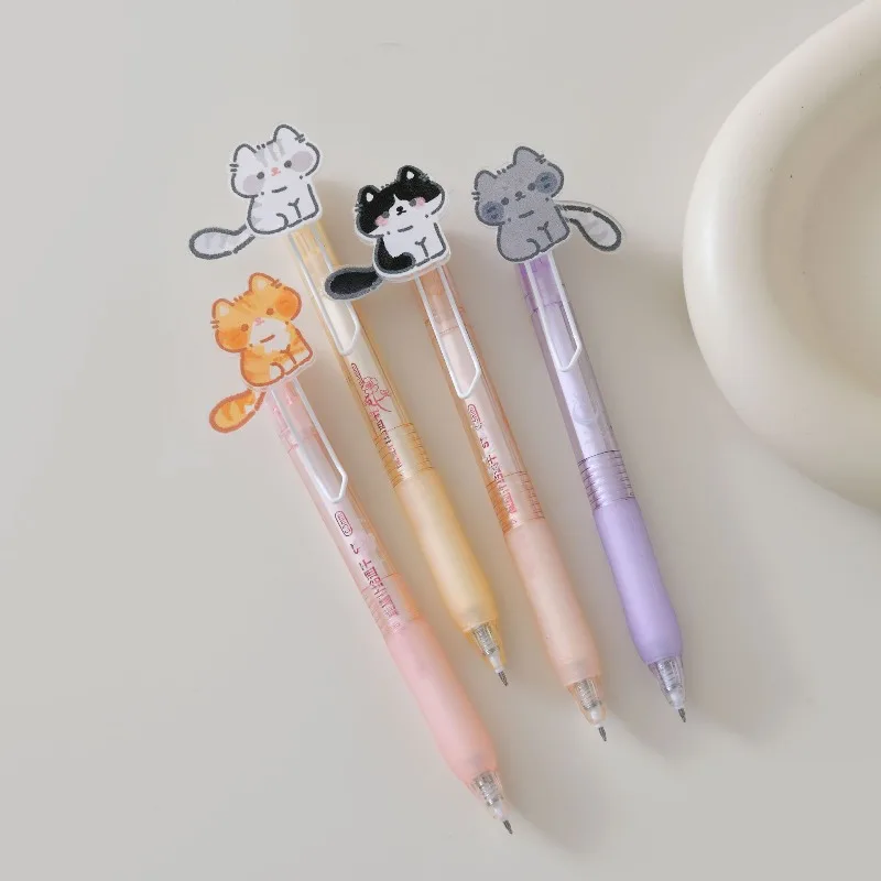 4pcs/set Cute Cartoon Cat Tail Click Pen 0.5mm Exam Smooth Writing Anti-Slip Grip Cute Animal Design Ballpoint Pen for Students