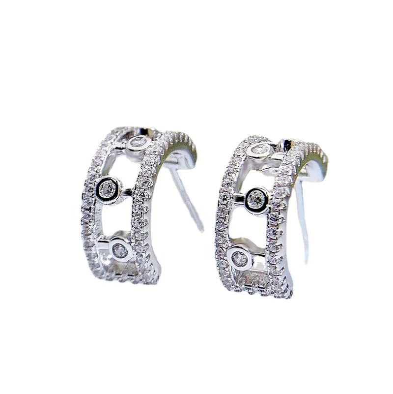 S925 Silver Ear Stud Dewdrops Full Diamond Hollow Half Circle Versatile Earring Jewelry