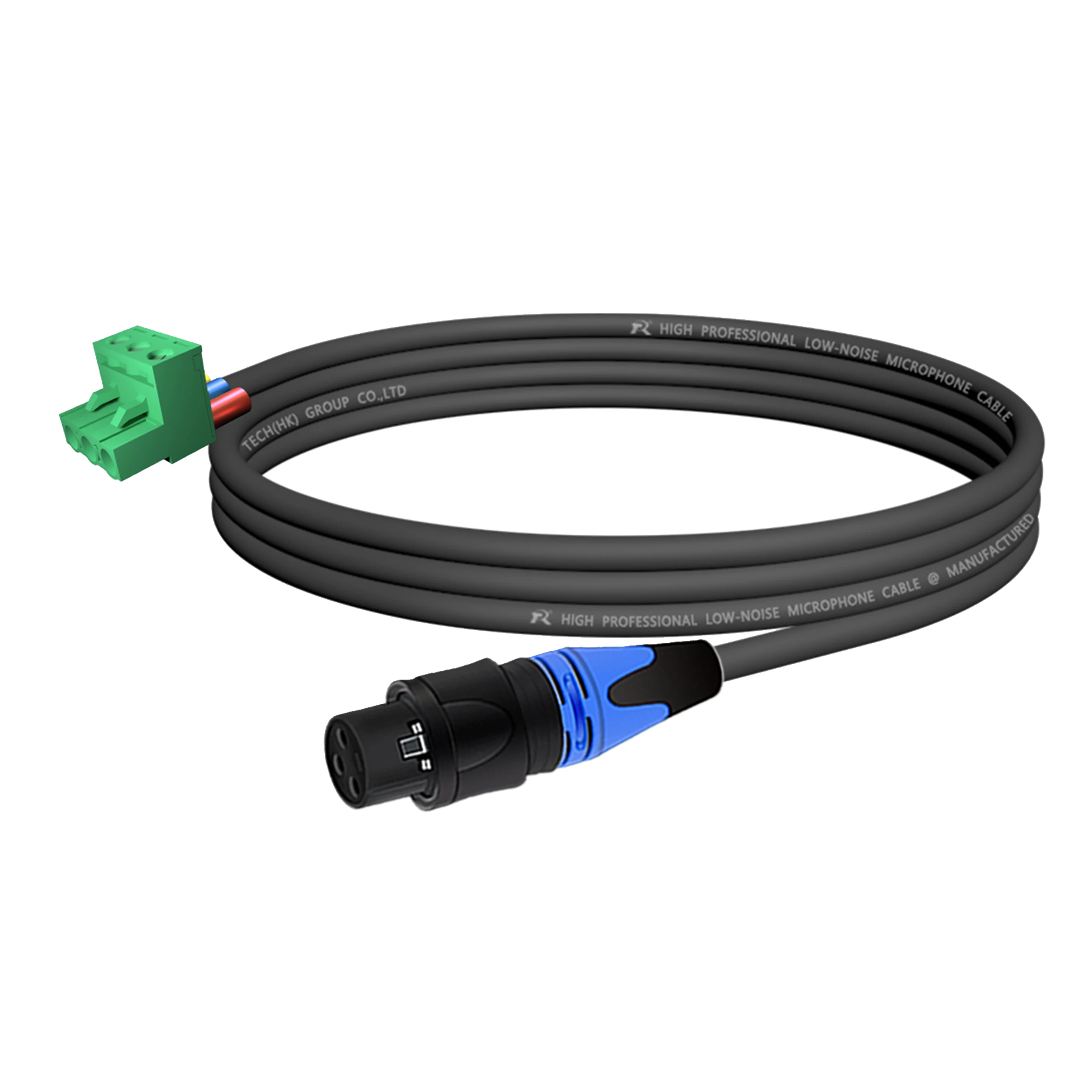 XLR mit schwarzem Rückgehäuse, mehrfarbiger rutschfester Abdeckung, verbunden mit 5,08 mm 3-poligem Phoenix-Steckeranschluss, für Audiogeräte. – Detail 9
