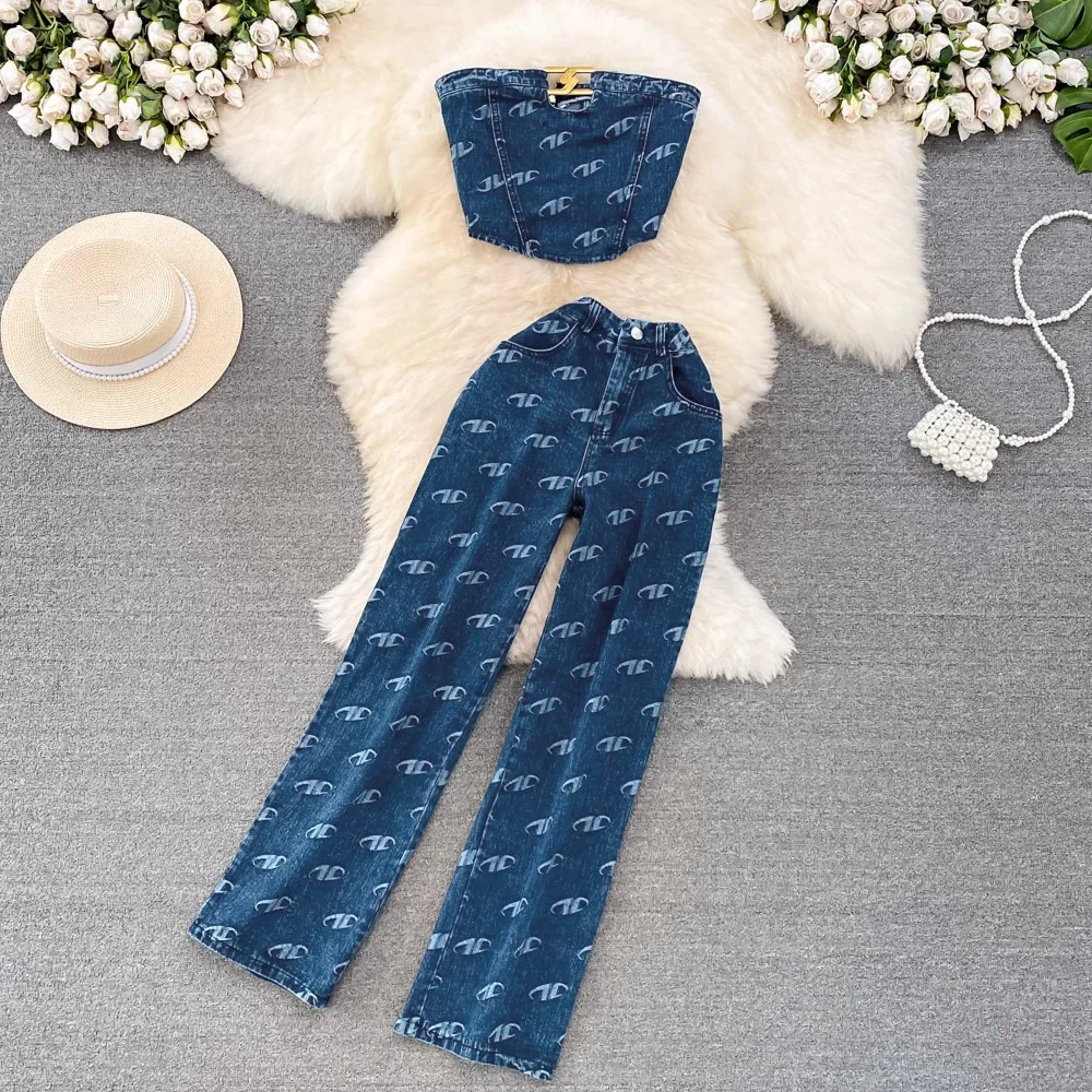 2024 New Fashion Set Women\'s Y2K Vintage American Style Bra Denim Tank Top Two Piece Casual High Waist Slim Straight Trouser Set