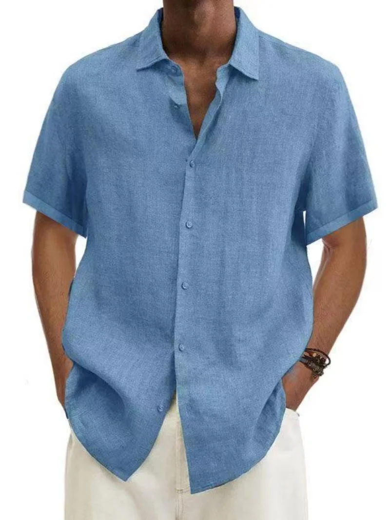 Men's Short Sleeve Button Down Shirt Casual Linen Blend Summer Top with Turn Down Collar