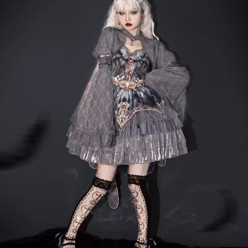 Gothic Streetwear Lolita Style Camisole Dress Cosplay Costume Multi-layer Pleated Dress for Women Chic Design Shawl 2 Piece Set