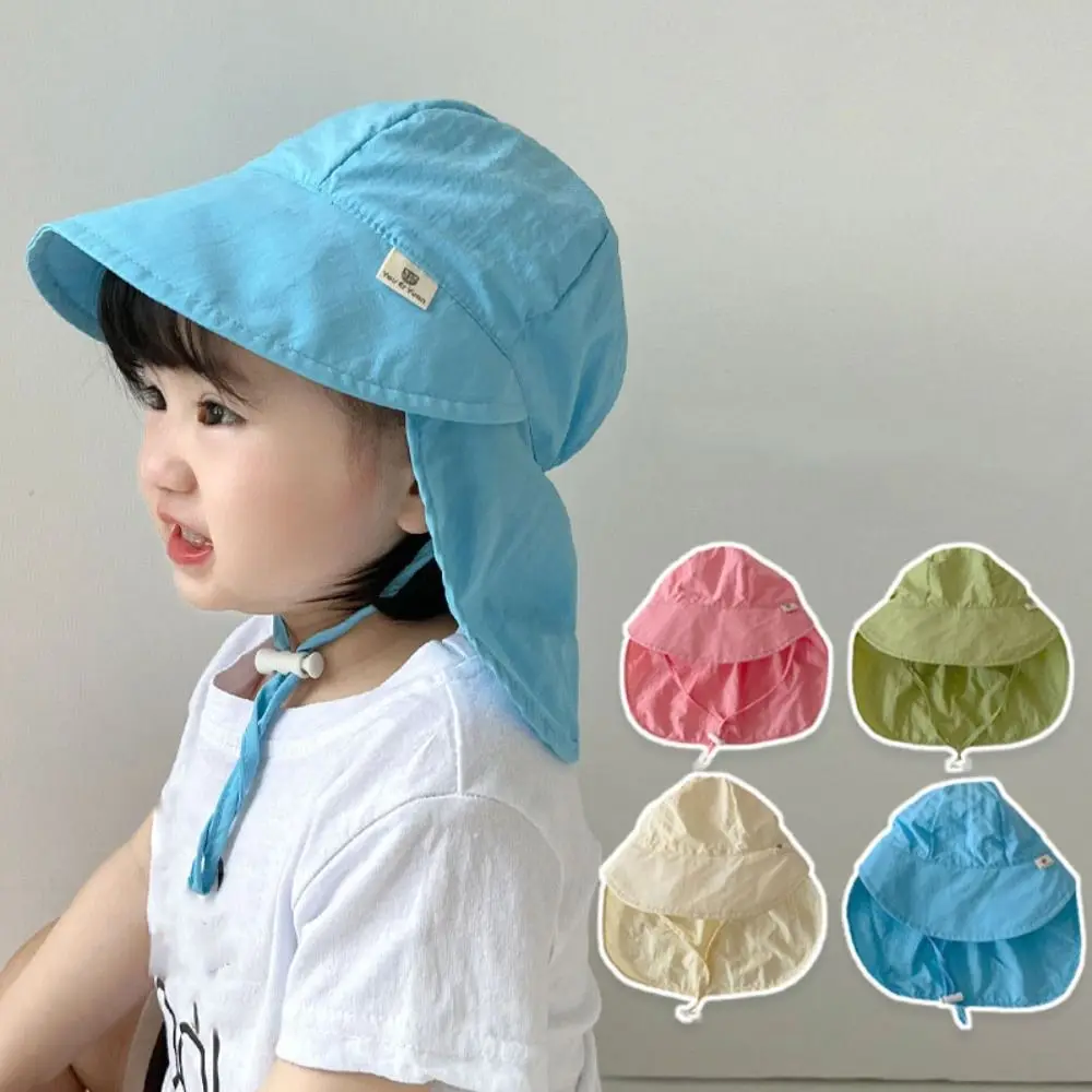 

Breathable Solid color Children Sun Hat Neck Ear Cover Wide Brim Kids Beach Cap UV Protection Flap Cap Sunscreen Bucket Hat Girl