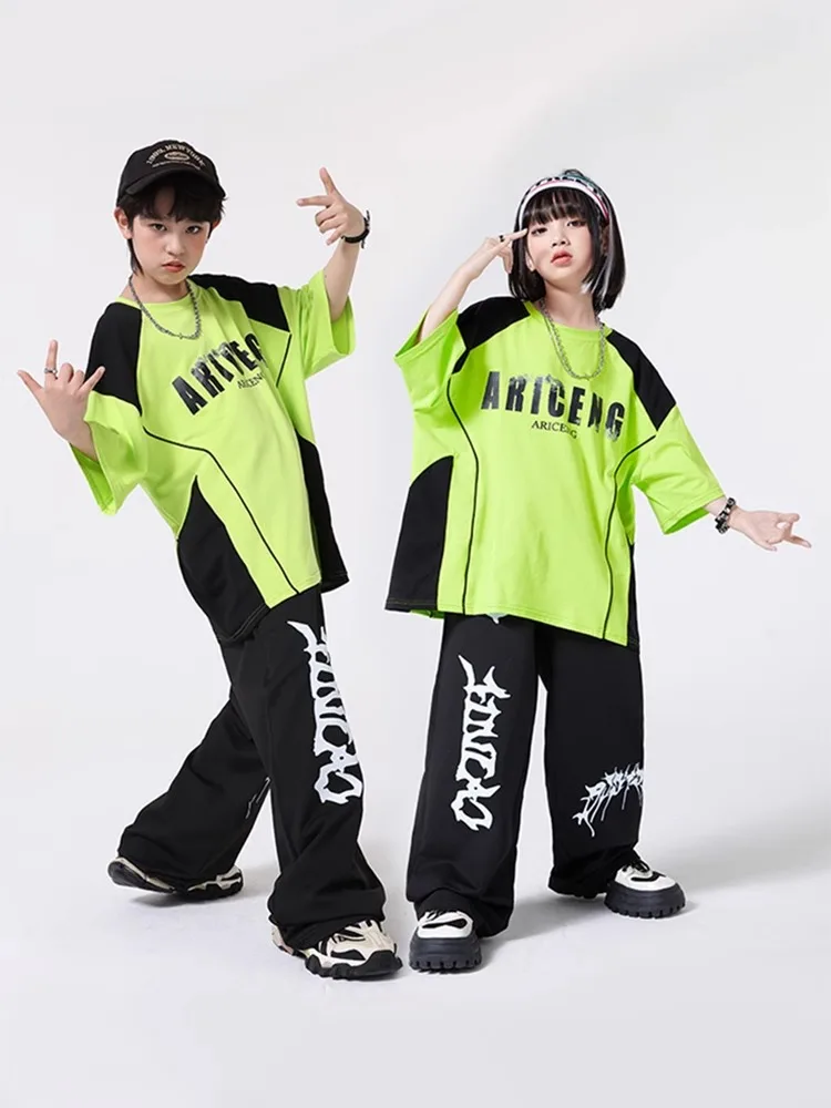 Ropa de Hip Hop Kpop para chico, camiseta gráfica verde, pantalones de chándal anchos informales con estampado negro para niña y niño, traje de baile de Jazz