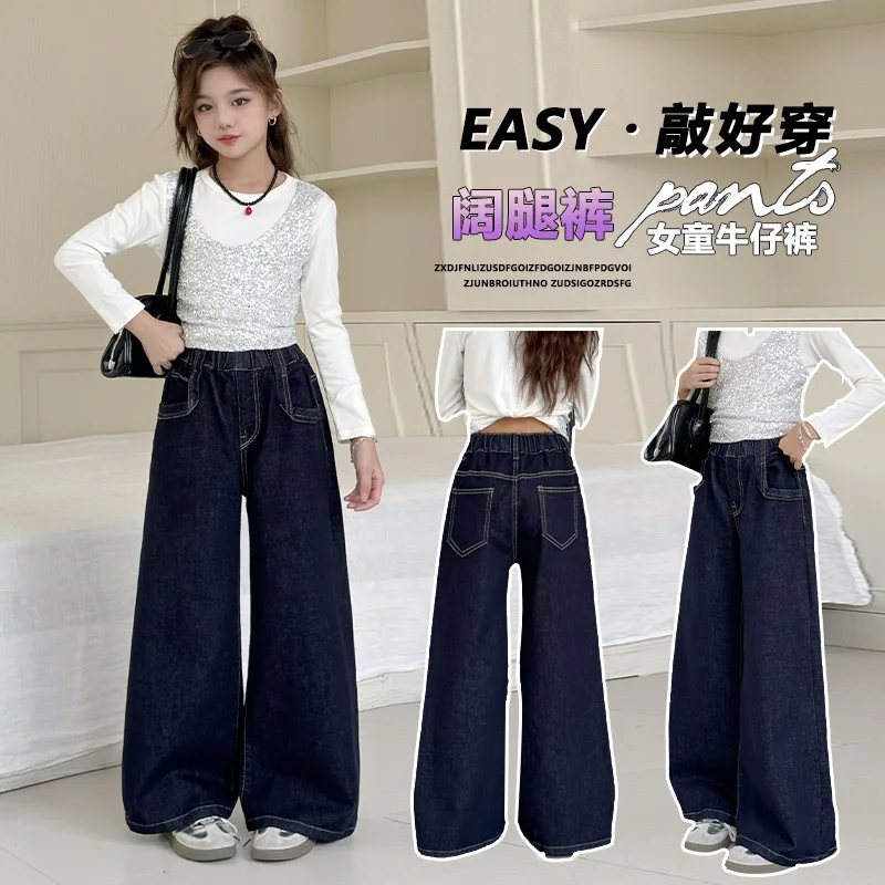 Girls' Classic Dark Indigo Loose Denim Pants with Gold Contrast Stitching. Casual Straight-Leg Jeans Suitable for Ages 7-14