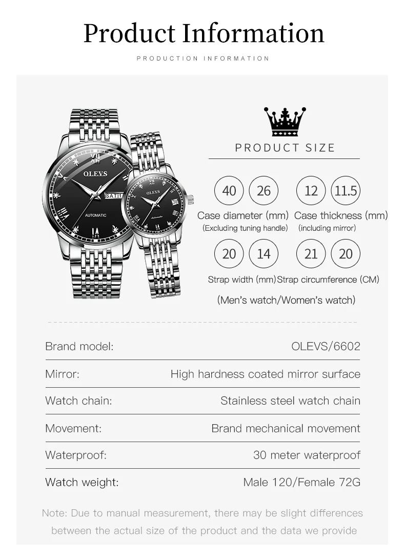 ساعات الزوجين OLEVS للرجال والنساء بسيطة فاخرة أصلية أوتوماتيكية ساعة يد ميكانيكية تاريخ تلقائي مقاومة للماء هدايا العشاق 6602 #4