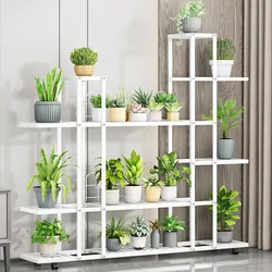 Plant Stand Indoor Outdoor Wrought Iron Multiple Planter Rack Flower Display Organizer with Wheels For Corner Balcony Garden