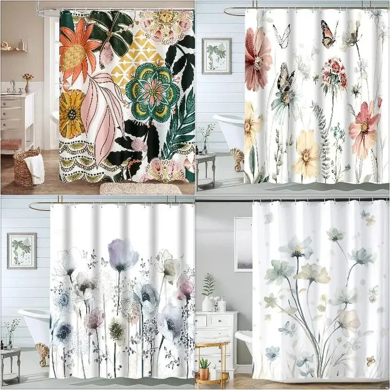 Shower Curtain With Flower, Farm Fall Teal Raleigh Bird Colorful Flowers Interesting Animal Watercolor Shower Curtain Bathroom