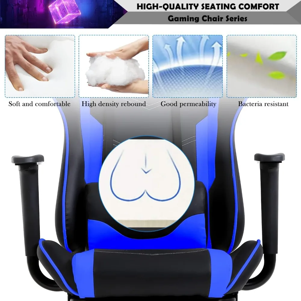 Blue Massage Gaming Chair with Footrest, PU Leather Gaming Chairs for Adults, High Back Office Chair Ergonomic Desk Chair Comput