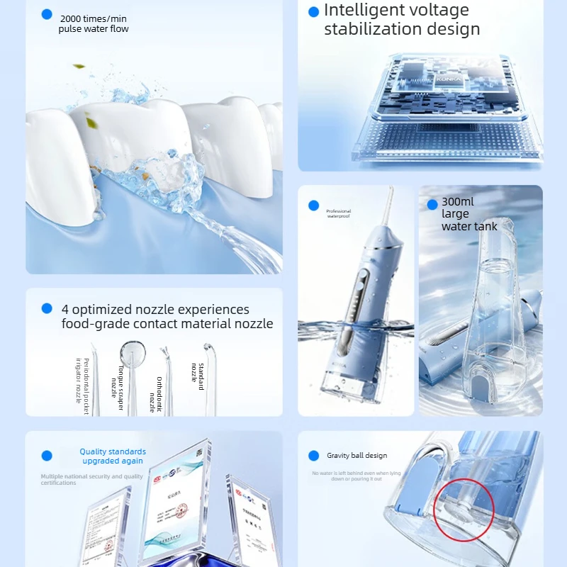 Water Flosser 300ml 2000 Pulses per Min Portable Oral Irrigator with 4 Nozzles for Home Travel Braces Dental Care 구강 세정기