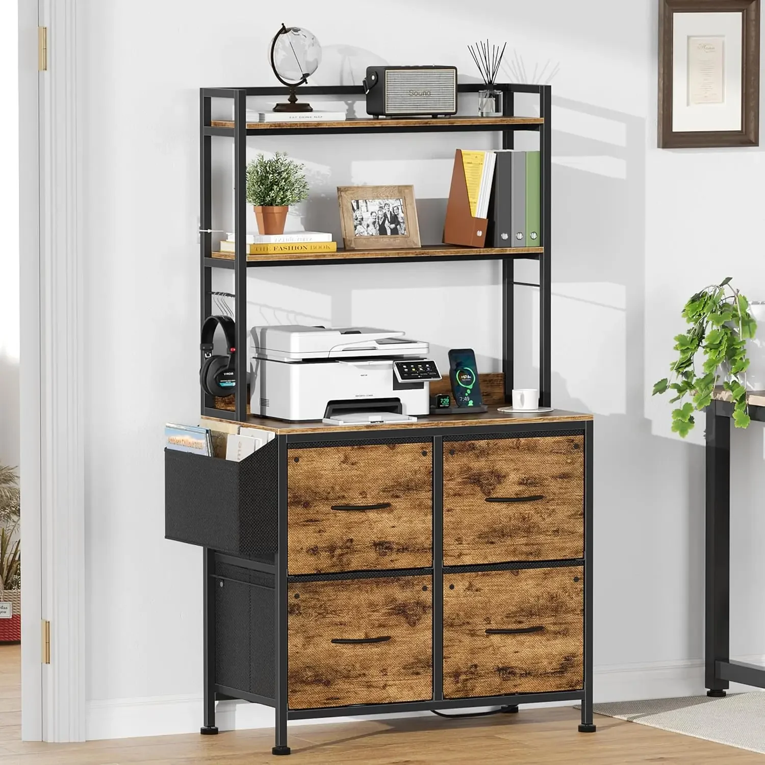 with Charging Station and 4 Fabric Drawer, 3-Tier Tall Filing Cabinet with Bookshelf, Large Vertical File Cabinet 5