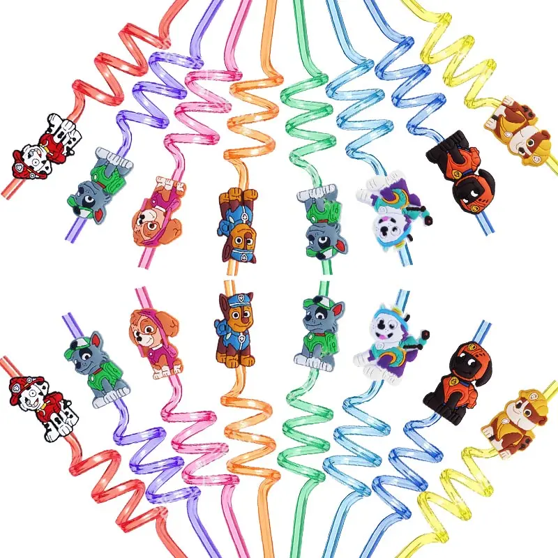 8pcs Paw Patrol Theme Straws For Kids Cartoon Chase Dog Reusable Drinking Straws Birthday Decoration Party Supplies Baby Shower