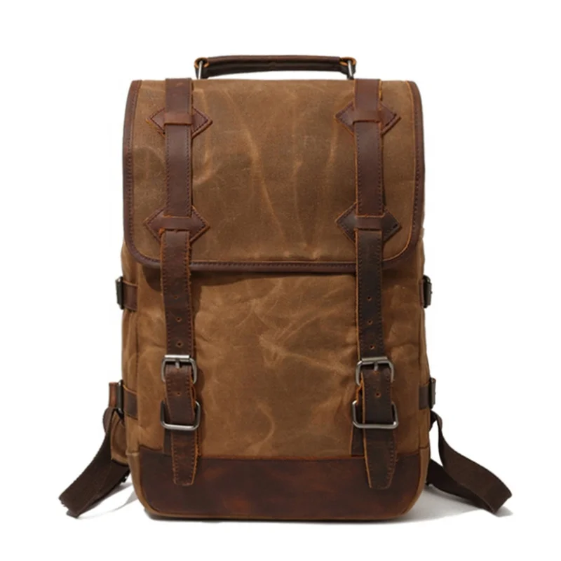 

High Capacity Canvas Mountaineer Bag Vintage Men Genuine Leather Hiking Travel Backpack Mens Custom Leather Backpacks