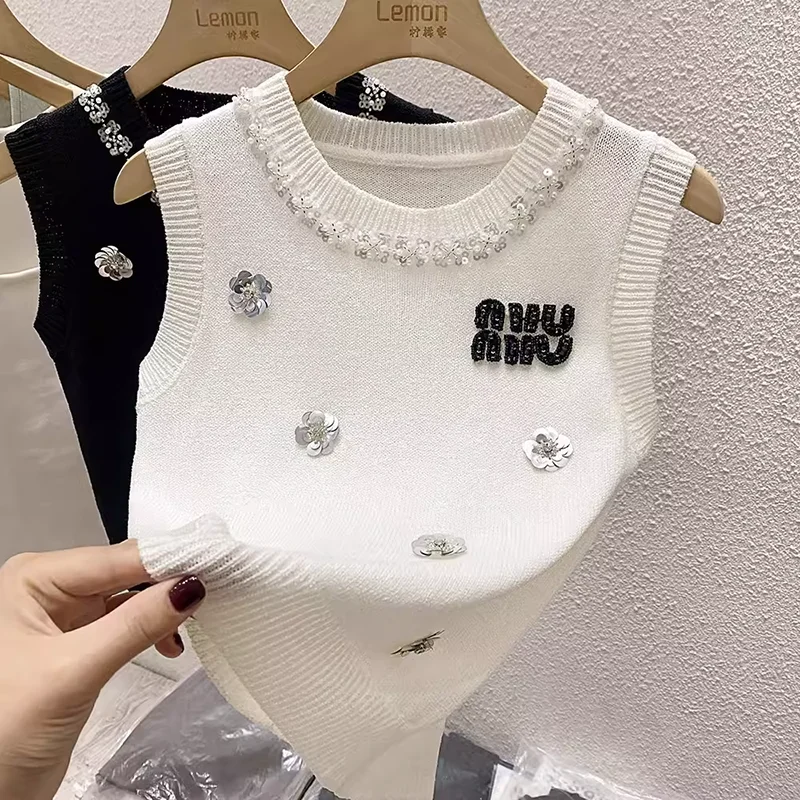 

Floral Beading Slim Knit Vests Women Crop Tops 2025 Summer Sleeveless O-neck Knitwear Pullover Elegant Vintage Stylish Vests