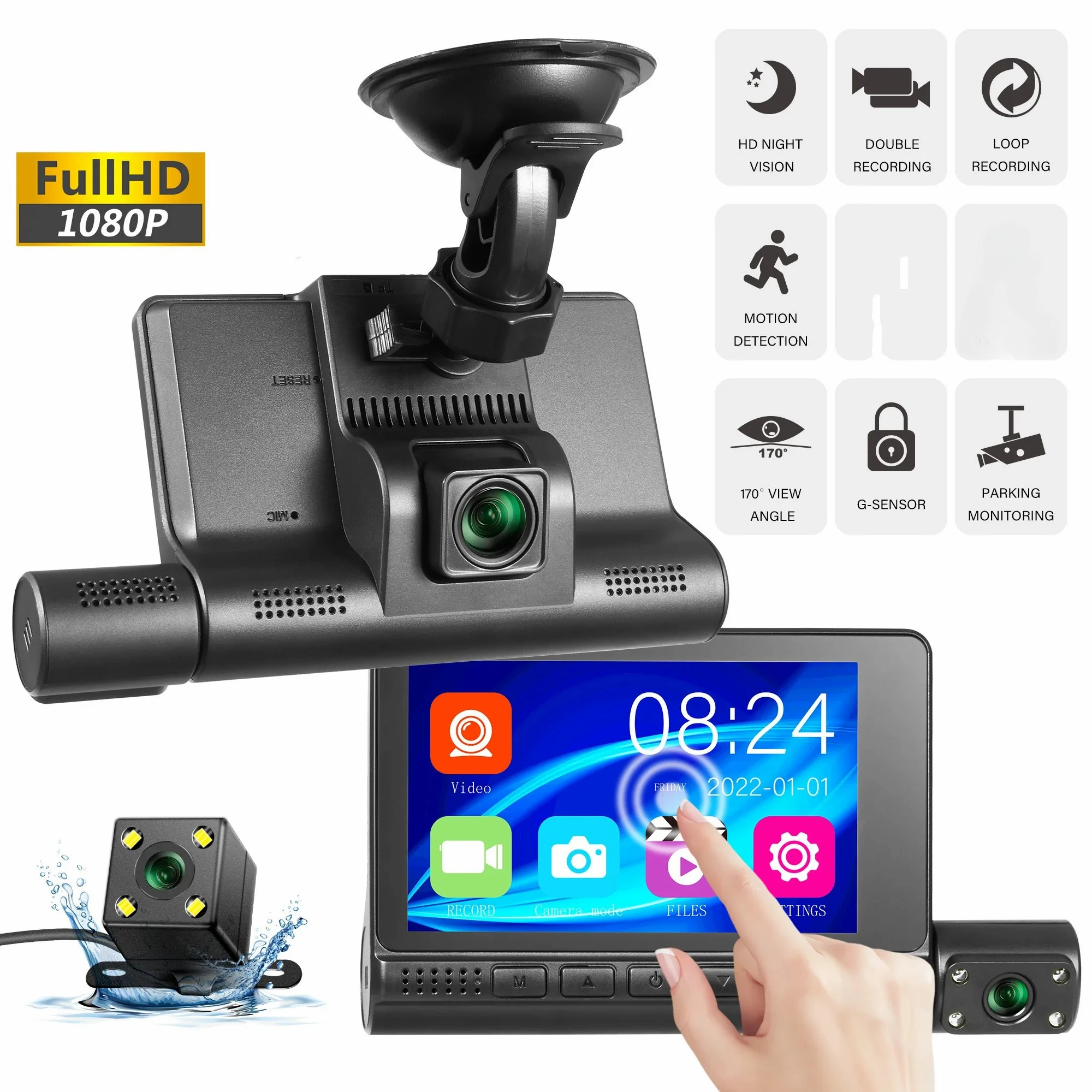 Motion Detection Drive Recorder 4.0 Inch HD Dashcam Car 170 Degree Wide Angle Dash Cam Three Recording Camera Front Car G-Sensor