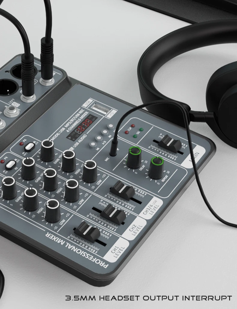 4 Channel Audio Mixer 48V Phantom Power USB Studio Sound Mixers Bluetooth DJ Console Mixing for Karaok