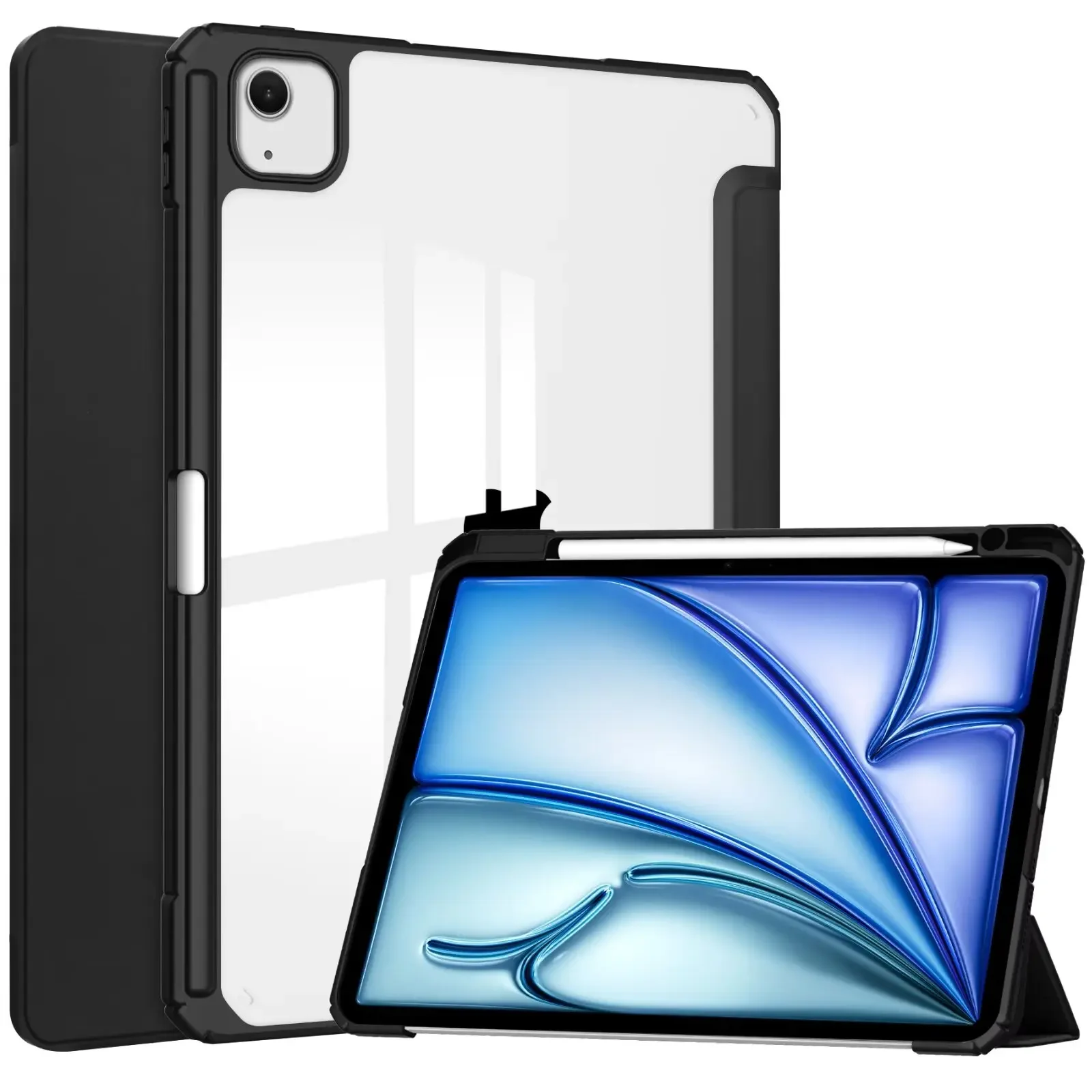 For Apple iPad pro 13 2024/2025(M4/M5)/iPad air 13 M4/M3/M2 Case with Pencil Holder: Tri-Folding Acrylic Clear Back Smart Cover